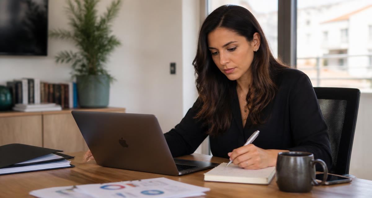 Empresária portuguesa a analisar o orçamento de marketing digital no computador num escritório moderno