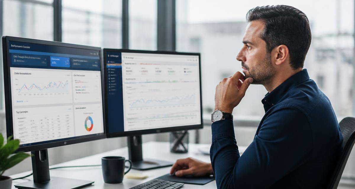 Gestor de tráfego pago a analisar dashboards de campanhas Meta Ads e Google Ads em dois monitores