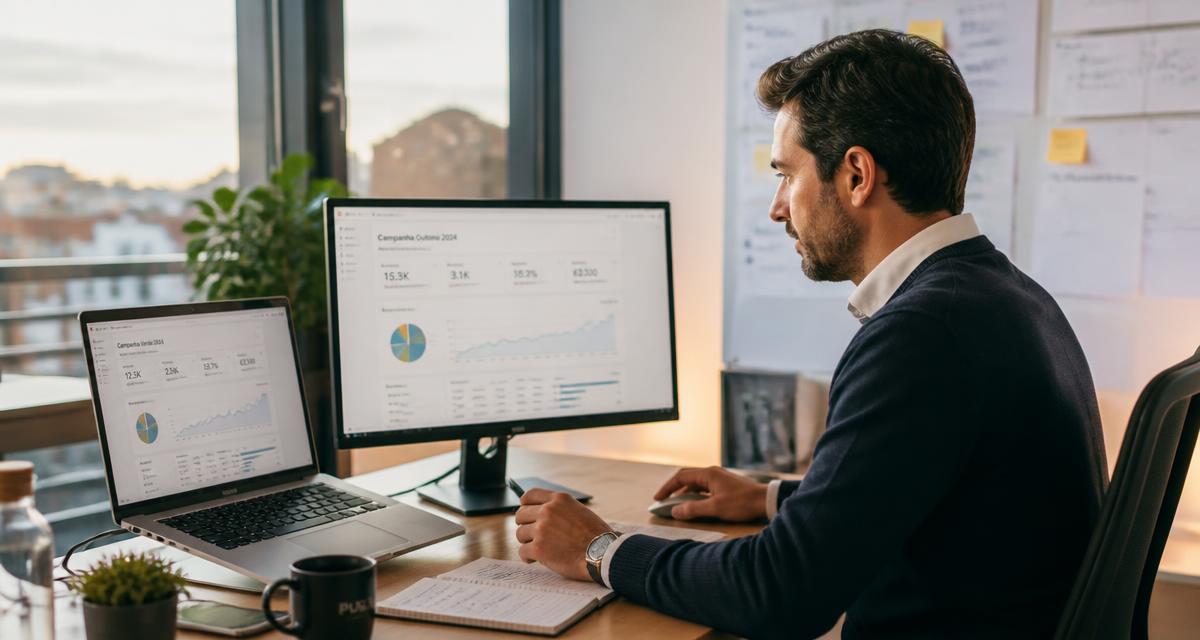 Gestor de tráfego a comparar resultados de campanhas de Meta Ads e Google Ads em dois ecrãs