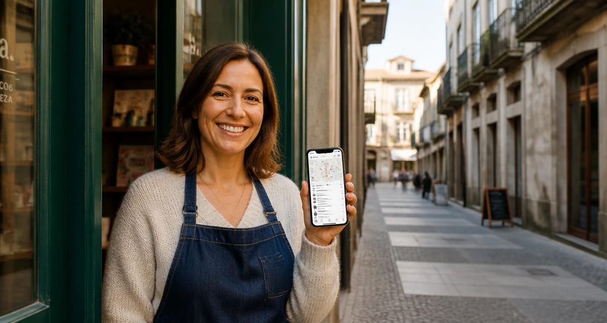 Empresária de uma loja local em Braga a mostrar o perfil do negócio no mapa do telemóvel