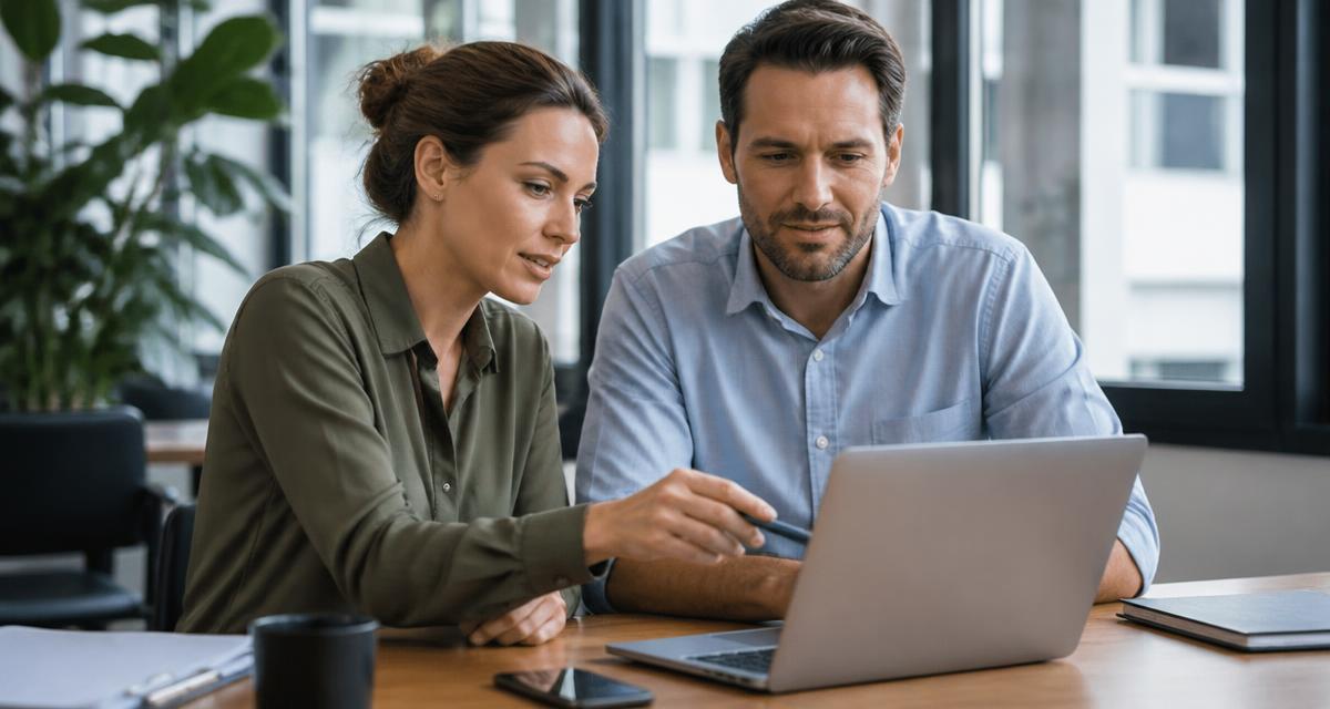 Consultora de marketing e empresário a rever juntos o novo site da empresa num portátil